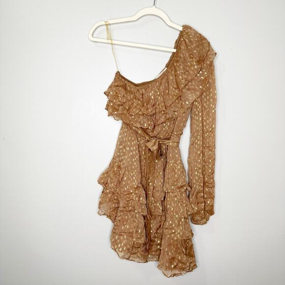 Rococo Sand Aine One Shoulder Tan Gold Ruffle Mini Dress Medium - Picture 3 of 11